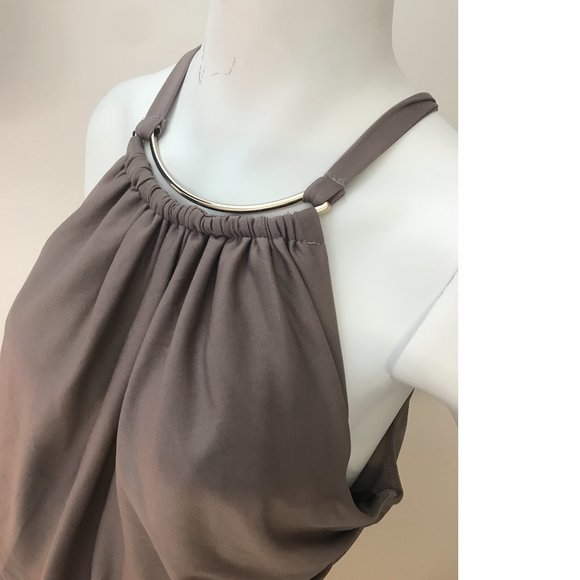 Le Chateau Chocolate Grey Gold Formal Cocktail Drape Halter Neck Bodycon Dress - Picture 4 of 6